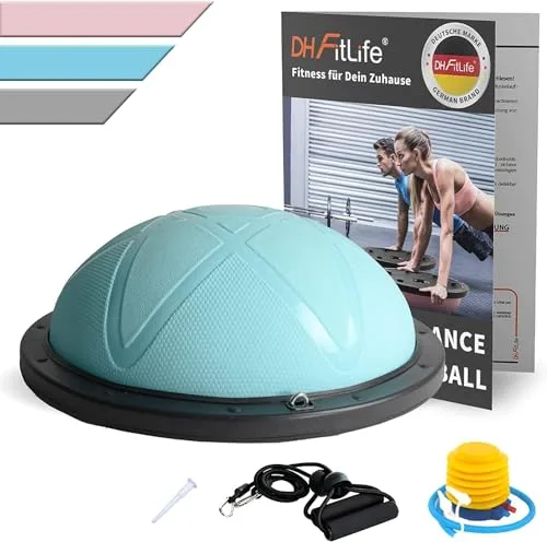 DH FitLife Balón de equilibrio, yoga, entrenador de equilibrio de 60 x 22 cm hasta 200 kg, media pelota de gimnasia, tabla de equilibrio con bomba y 2 bandas de fitness (azul)