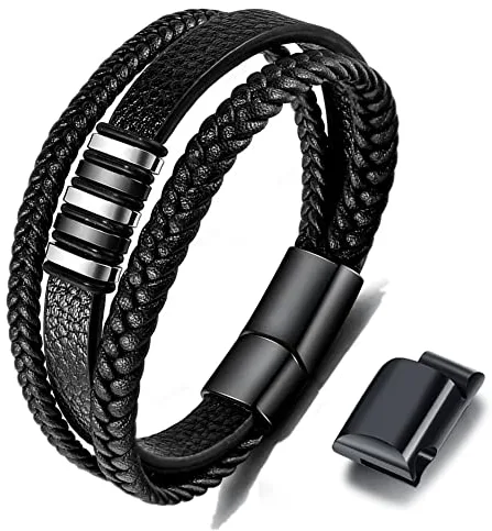 Gkmamrg Pulsera Hombre de piel para negro - Brazalete Hombre correa de cuero auténtico trenzado, pulsera enrollable ancha con cierre magnético, 22.5centimeters, Cuero