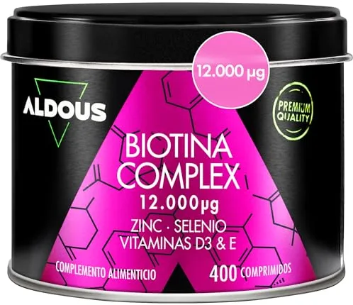 Biotina + Zinc + Selenio - 400 comprimidos 12.000 mcg (Suministro para 1+ año) - Vitaminas para el cabello - Biotina para el cabello, fortalece la piel y las uñas - Con Vitamina D3 y E - Sin aditivos