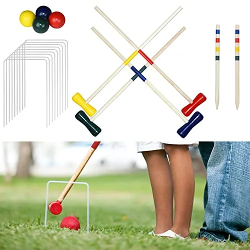 UISEBRT Juego de croquet para exteriores de croquet para 4 jugadores, juego de croquet de madera, juego de habilidad para niños y adultos