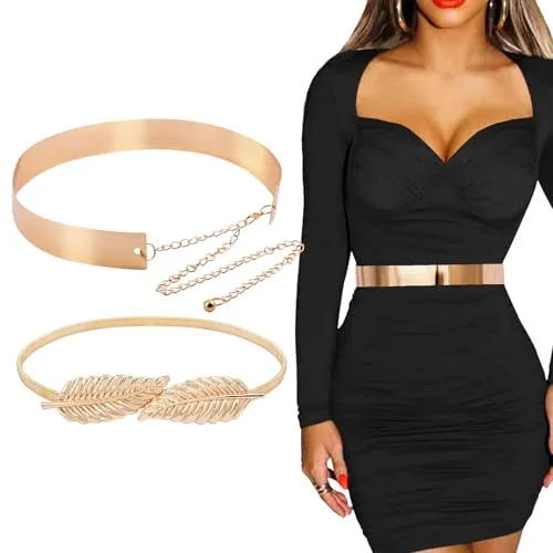 BETESSIN 2pcs Cinturones Mujer Fiesta en Diseño de Hojas, Cinturón Dorado Ancho con Cadena, Cinturón Mujer Vestido, Cadena Elástica Hoja, Cinturon Ajuestable Metálico Boda Fiesta Cumpleaños Regalo