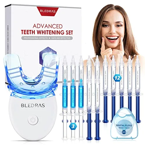 Bledras Kit Blanqueamiento Profesional con 12*Gel Blanqueamientos,3*Gel Calmante,Hilo Dental,15 Mins Blanqueamiento Rápido, para Limpieza y Eliminacion de Sarro