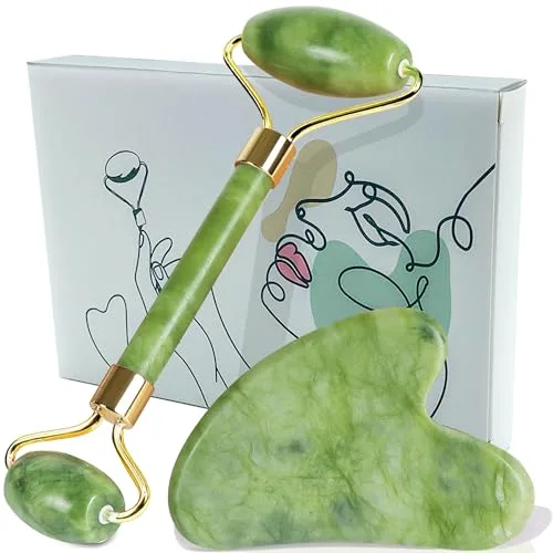 Gua Sha + Rodillo Facial Jade + Guía de Uso – 100% Natural – Masajeador Facial – Antiarrugas – Masajeador Ojos – Rodillo Masaje Relajante y Reafirmante (Set Jade)