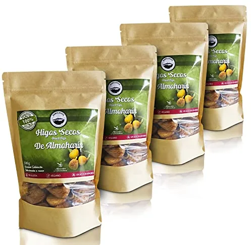 Manolhigos | Higos secos enteros | Higo seco de Almoharín | 4 bolsas/2 kilos/2000 gramos | Fruta desecada | Higos 100% naturales | sin harinas | sin azúcares añadidos | vegano vegetariano celíaco