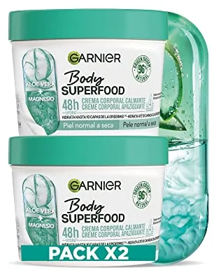 Garnier Body Superfood Crema Corporal Calmante con Aloe Vera y Magnesio, para Pieles de Normales a Secas, Hidratación 48 horas, 380 ml, Paquete de 2 (2 x 380 ml)