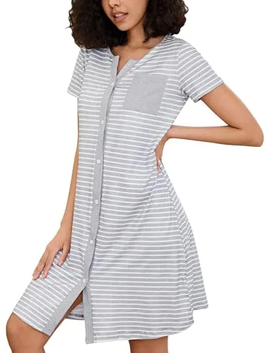 Marvmys Camisón de Algodón para Mujer Camisones Manga Corta a Rayas Ropa de Dormir con Abertura de Botones Vestido Elegante Casual para Otoño Invierno Primavera Verano S-XXL