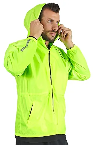 PERLETTI Chubasquero Hombre Cortaviento Ligero con Cremallera - Impermeable Hombre con Capucha Detalles Reflectantes - Chaqueta Trench Deporte Transpirable Waterproof Reutilizable Hombres (L, Verde)