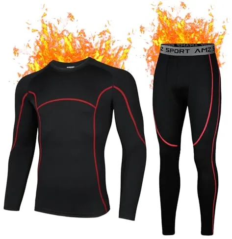 AMZSPORT Ropa Interior Térmica Hombre Conjunto, Camisa y Pantalón de Compresión Funcional de Secado Rápido para Esquí Montaña Ciclismo Fitness, NegroRojo L
