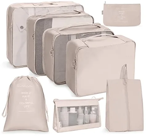 OSDUE Organizadores para Maletas,8 En 1 Set de Organizador de Equipaje, Impermeable Organizador Maleta Bolsas de Embalaje para Viaje Zapatos Cubos de Embalaje Ropa Cosméticos Ropa Interior -Beige
