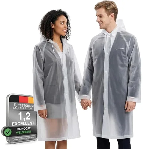 welsberg Poncho de Lluvia Impermeable con Capucha y Mangas, Reutilizable, Chubasquero Impermeable para Hombre y Mujer, Ropa de Agua para Viajes y Exteriores, Talla Única, Transparente