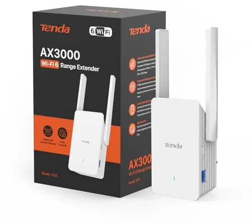 Tenda A33 Repetidor Wi-Fi 6 AX3000, Amplificador Señal WiFi, Doble Banda 2.4 GHz/5GHz, Extensor de Wi-Fi Compatible con Routers, Modo Ap, Botón WPS, Señal LED Inteligente, Blanco