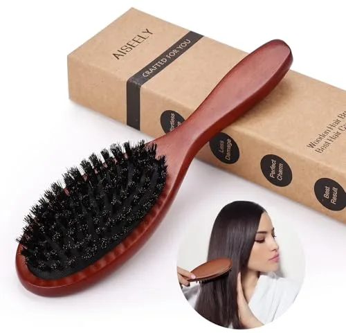AISEELY Cepillo para Pelo de Cerdas Naturales de Jabalí para Mujeres, Hombres y Niños, para Desenredar y Peinar, para Barba y Cabello Fino, Reduce la Rotura