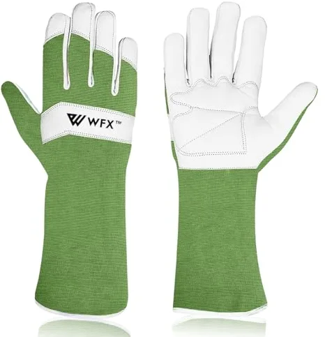 WFX Guantes largos de jardinería de cuero para mujeres, hombres y mujeres, guantes de jardín duraderos de piel de cabra, protección del antebrazo, a prueba de espinas, mangas (Verde, L)