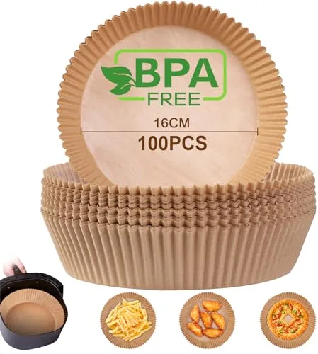 AiQInu Papel Freidora Aire,100 Piezas Pergamino Redondas Forro de Papel Desechable, para Horno, Papel de Aceite Silicona Antiadherente para Hornear Asar y Microondas, Backpapier