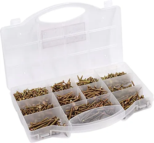 Connex Surtido de tornillos universales de 900 piezas, varios tamaños, cabeza avellanada, accionamiento Torx TX – rosca completa – Amarillo galvanizado/juego de tornillos/caja surtida / DP8500130