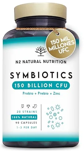 Probioticos 150 mil millones UFC y 20 Cepas. Máxima concentración de Probioticos y Prebioticos intestinales y Zinc. Terapia de choque 76 Días. Colon irritable y gases. Vegano. CE. N2 Natural Nutrition