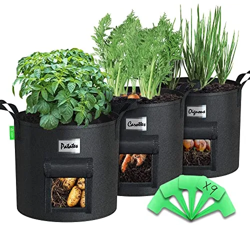 VOUNOT® 3 Piezas Bolsas de Cultivo Plantas 43L, Maceta de Tela Cultivo de Patatas con Ventana de Velcro Asas y Etiquetas de Plantas, Bolsa de Siembra no Tejida para Papas Tomates Fresas