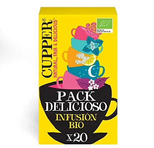 CUPPER - Pack Sabores Deliciosos Variados - Estuche con 20 Bolsitas de Infusiones Ecológicas - Vegano - Incluye 5 Variedades Diferentes - Ideal para Preparar con Agua Caliente