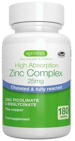 Zinc Picolinato y Bisglicinato - Suplemento de Zinc Quelado 25 mg, Alta Absorción con Cobre, Refuerzo Salud Piel, Inmunológica y Celular, Suministro 6 Meses, de Igennus