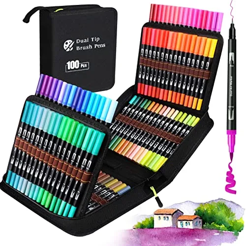 Kit Rotuladores Acuarelables 100 Colores, Doble Punta Pincel, para Niños y Adultos, para Lettering, Mandalas, Graffiti, Caligrafía - 3 Plantillas Incluidas