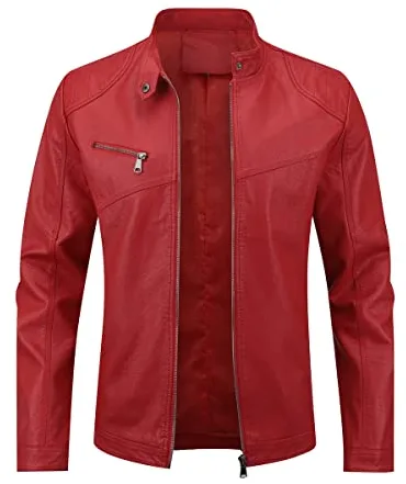 Sliktaa Chaqueta de hombre de piel sintética con cuello alto, prenda de transición informal, estilo motociclista piloto, con cremallera, casual clásico #PY08 Rojo M