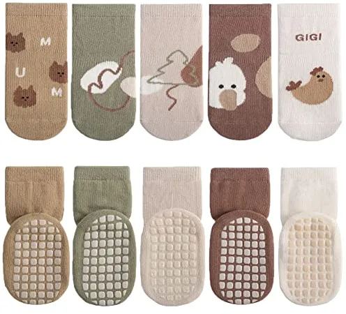 FedMois Calcetines Antideslizantes de Algodón para Bebé Niño Niña Pack de 5, Pollo, 1-3 años