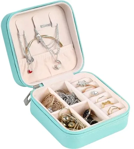 AiQInu Estuche Joyero Pequeño, Doble Capa Joyero de Viaje para Mujeres, Portátil Jewelry Organizer, Joyero Organizador de Viaje de Cuero PU para Anillos, Pendientes, Collar (Azul)