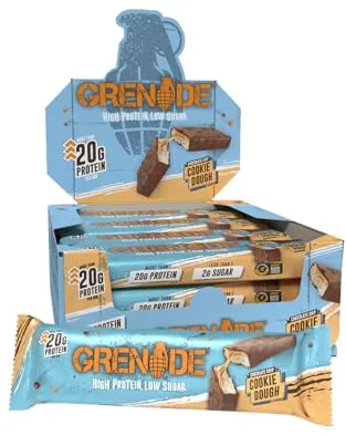 Grenade Barra de Proteína Baja en Azúcar - Sabor Chocolate Chip Cookie Dough, 12 x 60 g (El embalaje puede variar)