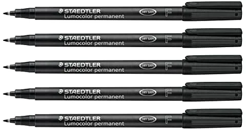 Staedtler Rotulador Permanente Lumocolor, Resistente A Las Manchas y Al Agua En Casi Todas Las Superficies, Ancho de Trazo F 0,6 Mm, Recargable, Larga Duración, 5 Rotuladores Universales Negros
