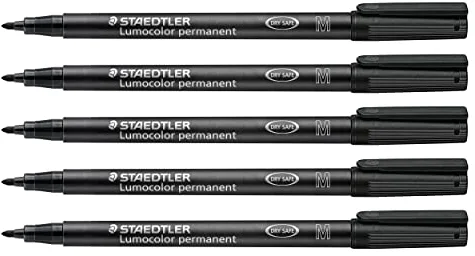 Staedtler Rotulador Permanente Lumocolor, Borrable y Resistente Al Agua En Casi Todas Las Superficies, Ancho de Trazo M 1 Mm, Recargable, de Larga Duración, 5 Rotuladores Negros Universales, 317-9X