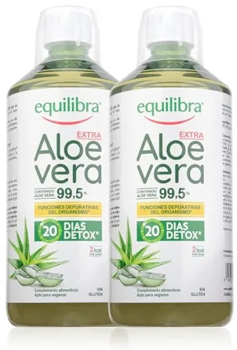 Equilibra Suplementos Dietéticos, Aloe Vera Extra 99,5%, Suplemento de Aloe Vera para Beber Puro o Diluido, Sin Aloína, Detox Pulpa Pura Sin Agua Añadida, Producto Vegano Sin Gluten, 2 Piezas de 1l