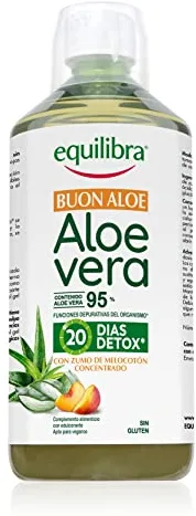 Equilibra Suplementos Dietéticos, Buon Aloe Vera 95%, Suplemento de Aloe Vera para Beber Puro o Diluido, Sin Aloína, Detox, Pulpa Pura, Sin Agua Añadida, con Zumo de Melocotón, Sin Gluten, 1 litro