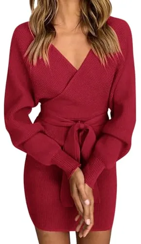 Vancavoo Vestido de Punto para Mujer Vestido de Manga Larga con Cuello en V Vestido Corto de Suéter sin Espalda Jersey de Punto con Cinturón Elegante para Otoño Invierno(Wine Red,M)