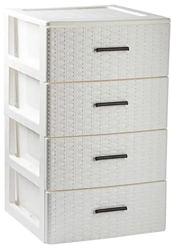 AC - Cajonera de Ordenación Modelo Rattan - 4 Niveles - Torre de almacenaje multiusos, organizador auxiliar, almacenamiento, baño - 61,5 x 36,5 x 36,5 cm - Color Blanco