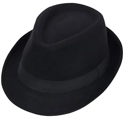 VASANA Sombrero Fedora clásico de mezcla de lana negra, ala ancha, para iglesia, Derby y gorra de jazz, sombrero plano de Panamá, Negro, L