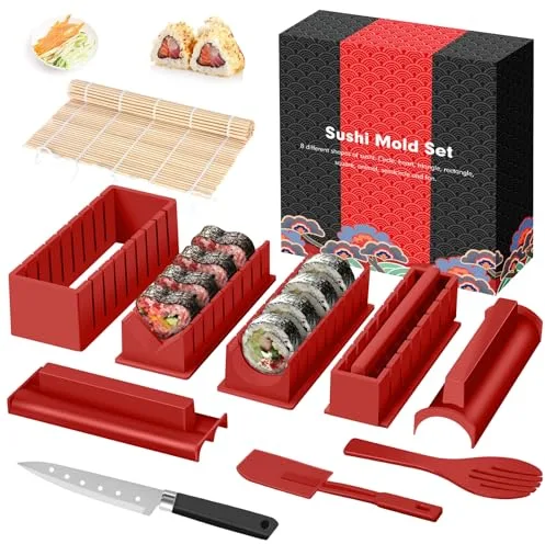 SKYSER kit para hacer sushi set completo12 piezas Herramienta completa para hacer sushi con 8 formas diferentes de sushi Rollo de arroz Molde DIY House Sushi Tool Off (Rojo)