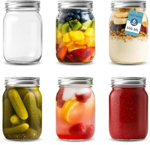 HEFTMAN Tarros de cristal con tapas, juego de 6 tarros herméticos de 500 ml para avena nocturna y mermelada casera, tarros de vidrio grandes y resistentes