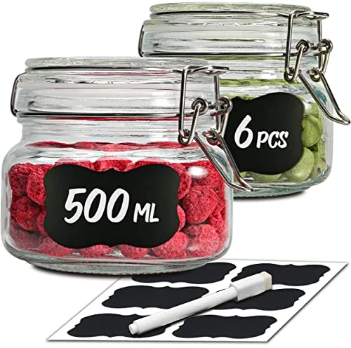 Praknu 6 Tarros de Cristal Herméticos 500l - Con Etiquetas, Rotulador y Juntas de Repuesto - Ahorro de Espacio gracias a su Forma Angular
