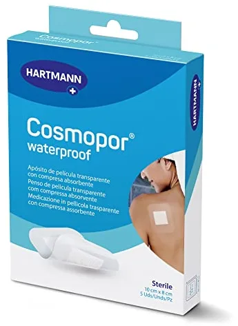 Cosmopor Waterproof: para el cuidado estéril e impermeable de lesiones y heridas. También para heridas quirúrgicas. Alta tolerancia cutánea y fijación segura; 10x8cm; 5 unidades