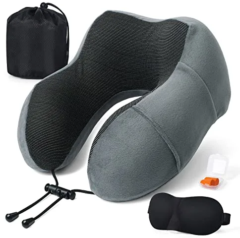 Almohada de Viaje para Cuello, Almohada Cervical para Oficina Avión Tren Coche Viajando, Almohada Cuello Viscoelastica de Espuma Memoria, Cojin de Viaje Cuello con Máscara de Ojos, Tapones y Bolsa