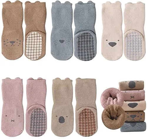 FedMois Pack de 5 Calcetines Térmicos Invierno de Algodón Antideslizantes para Bebé Niño Niña, animales, 1-3 años