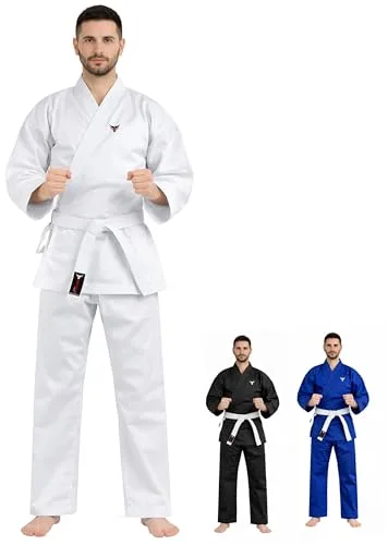 Mytra Fusion Karate Gi adulto con Cinturón – Traje de Entrenamiento de Artes Marciales 200 g para Hombre y Mujer– Uniforme de Karate para Estudiantes (Blanco, 2/150)