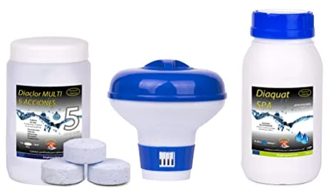 Kit Cloro Piscinas Pequeñas DIACLOR Multi 5 ACCIONES 500 GR (Pastillas 20 GR) SIN Cobre + Antialgas DIAQUAT SPA 500 ML + DOSIFICADOR