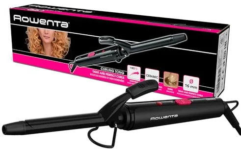 Rowenta Tenacilla rizadora de 16 mm para el pelo, 25 W, recubrimiento cerámico, temperatura 180 °C, indicador calentamiento, punta fría, rizos definidos, resultados rápidos, negro y fucsia, CF2133F0