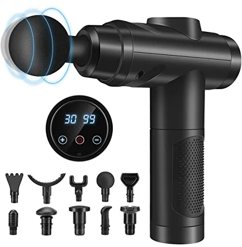 Pistola de Masaje Muscular, Masajeador Profesional con 30 Velocidades para Masaje Profundo, Pantalla Táctil LCD y 10 Cabezales para Espalda, Hombros, Piernas, Regalo para Hombre y Mujer