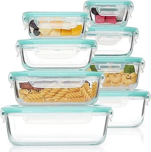 Vtopmart Set de 8 Unidades Recipientes de Cristal para Alimentos, Recipientes de Vidrio Hermeticos con Tapa, Reutilizables, Apilables, Apto Lavavajillas y Microondas,Libre de BPA
