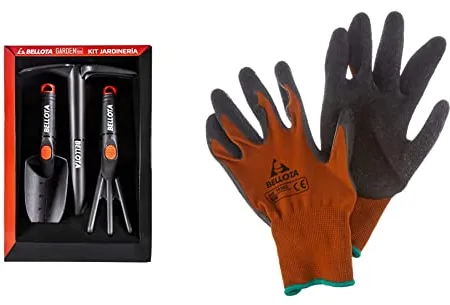 Bellota 2994 - Kit de jardinería y huerto Que Incluye: rastrillo, transplantador y azuela, Herramienta pequeña de Jardin + Guante de Trabajo para Agricultura y jardinería Tipo Grip