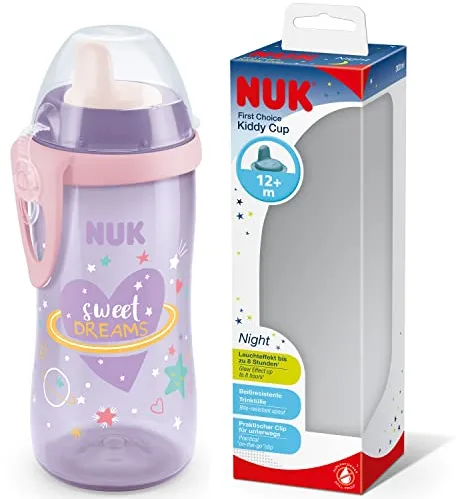 NUK Kiddy Cup Night - Taza para niños pequeños de más de 12 meses, 300 ml, boquilla endurecida a prueba de fugas, brilla en la oscuridad, clip y tapa protectora, sin BPA, color morado