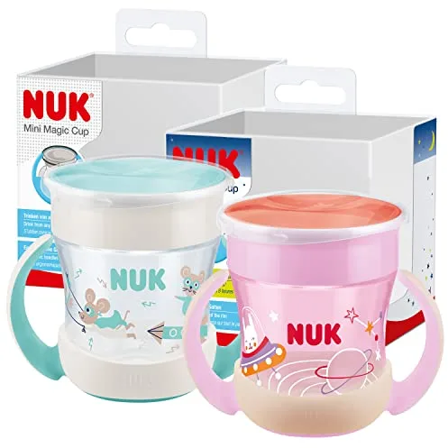 NUK Mini Magic Cup Night taza para sorber | +6 meses | 160 ml | Borde a prueba de derrames de 360° para beber desde cualquier lado | Brilla en la oscuridad | Sin BPA | Conejito (rosa) | 2 unidades