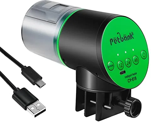 Petbank Alimentador Automático de Peces - Alimentador de Peces Recargable con Temporizador y Cable de Carga USB, 200ML Dispensador de Comida para Acuarios o Peceras,Verde